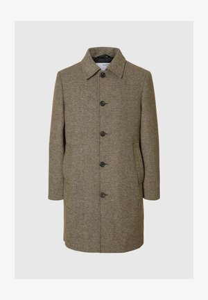 Bruine tweedjas met een kraag, sluiting met knopen aan de voorkant, twee zijzakken en lange mouwen. Visgraatpatroon en gestructureerde stof.