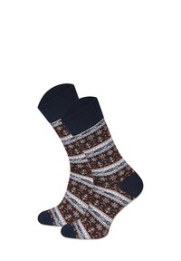 Brązowe i granatowe skarpetki za kostkę z geometrycznym wzorem, zawierającym płatki śniegu, poziome paski oraz teksturowany splot.