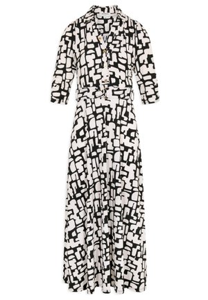 Maxikleid mit einem schwarz-weißen abstrakten Muster, Knopfleiste, Dreiviertelärmeln, Taillengürtel und fließendem Material.