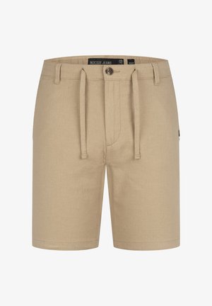 Pantaloni corti beige con vita regolabile tramite cordino, chiusura a bottone, texture liscia e tasche laterali. Etichetta del marchio visibile all'interno della vita.