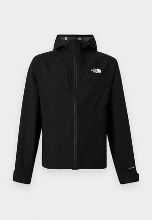 Fekete vízálló kapucnis dzseki elöl cipzárral, hosszú ujjakkal, a The North Face logóval a mellkason és "DryVent" felirattal az ujján.
