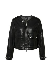 Schwarze Lederjacke mit einem taillierten Design, zwei Fronttaschen, silbernen Hardware-Akzenten und einem Reißverschluss am Kragen.