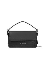 Borsa a tracolla in pelle nera con design strutturato, pattina pieghevole, tracolla a catena regolabile e logo in rilievo sulla parte anteriore.