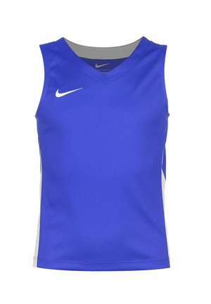 Top da allenamento blu realizzato in un tessuto leggero e traspirante. Presenta un design a scollo a V e accenti grigi sulle spalle e sui lati.