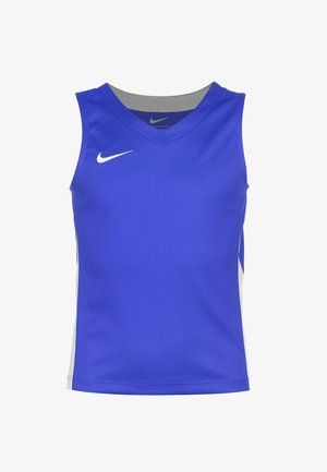 Top da allenamento blu realizzato in un tessuto leggero e traspirante. Presenta un design a scollo a V e accenti grigi sulle spalle e sui lati.