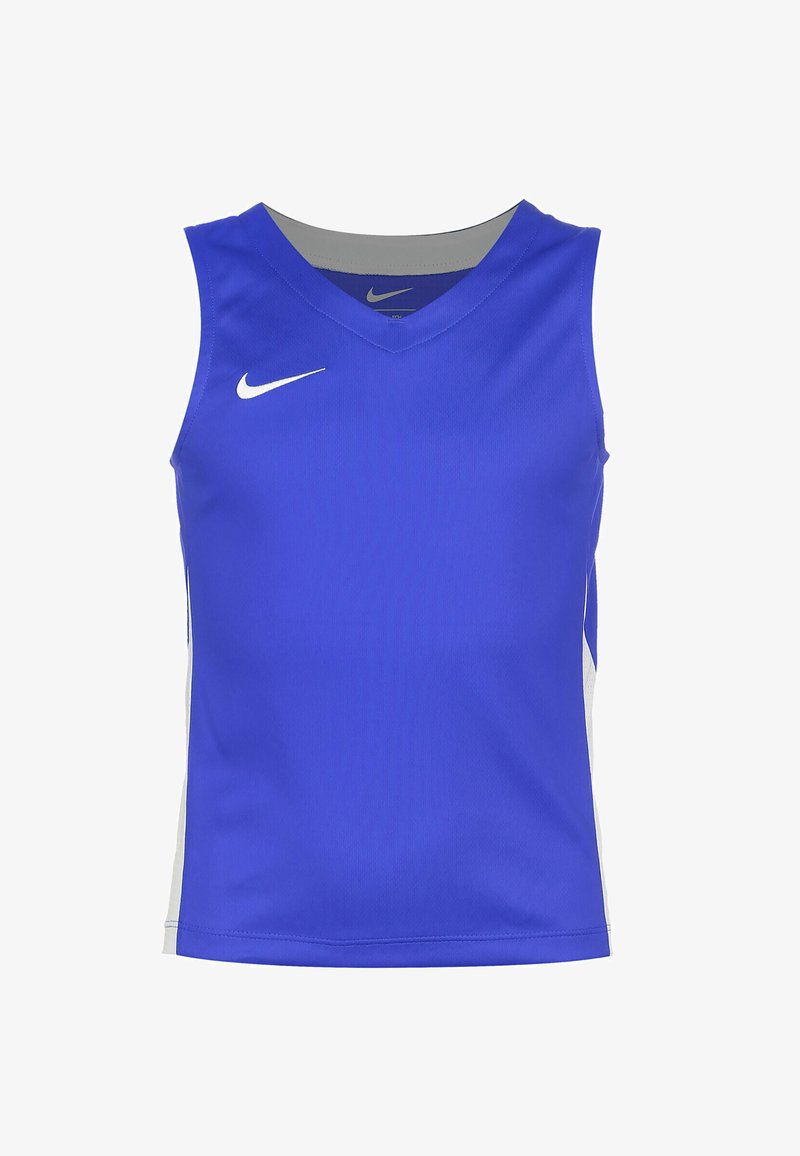 Top da allenamento blu realizzato in un tessuto leggero e traspirante. Presenta un design a scollo a V e accenti grigi sulle spalle e sui lati.