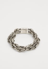Silver metal chain bracelet, featuring braided design with textured strands and a clasp closure. Smooth finish with reflective surfaces.