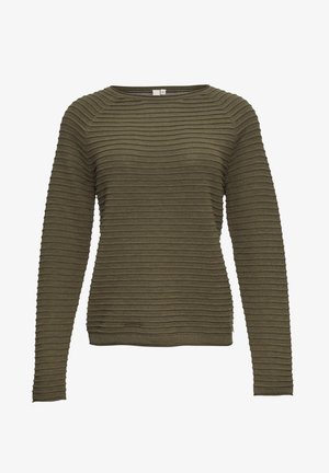 Oliwkowy sweter z długim rękawem o fakturowanym, prążkowanym wzorze, z okrągłym dekoltem i prostym krojem, zapewniający luźny fason.
