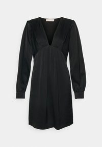 Black dress with a deep V-neck, long puffed sleeves, and a fitted bodice. Made from a smooth, elegant material, featuring subtle pleats.