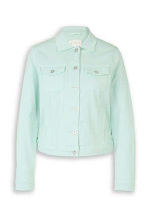 Veste en denim vert menthe clair avec manches longues, devant boutonné, deux poches poitrine à rabats, et un col classique.