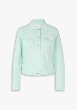 Veste en denim vert menthe clair avec manches longues, devant boutonné, deux poches poitrine à rabats, et un col classique.