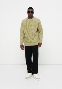 Gebreide trui in lichtgroen met een groot logo patroon, gecombineerd met zwarte broek en witte sneakers. Model draagt zwarte zonnebril.