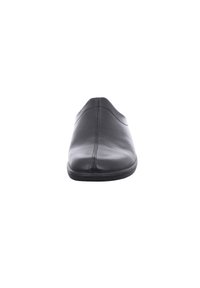 Black leather slip-on shoe featuring a rounded toe, smooth texture, and minimal stitching detail. Lightweight sole with a flat profile.