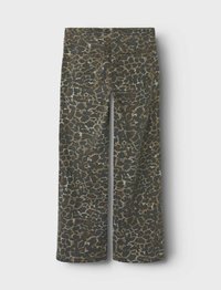Pantalons à jambes larges en imprimé léopard dans des tons de vert foncé, marron et beige. Confectionnés en coton, avec des poches avant et arrière et une taille classique.