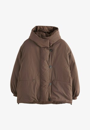 Bordo pūkains mētelis ar augstu apkakli, lieliem pogām un divām priekšējām kabatām. Gluda tekstūra ar brīvu, pārgrozītu piegulšanu.