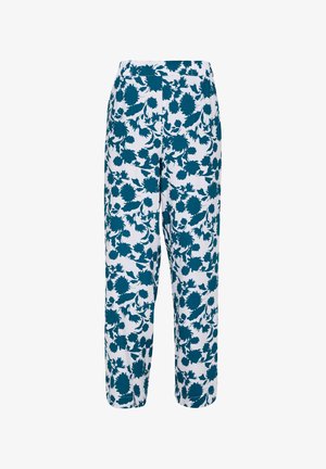 Spodnie w kwiaty z białym tłem i ciemnozielonymi wzorami kwiatowymi. Elastyczny pas i prosta nogawka. Miękka tkanina.