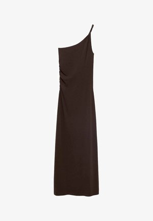 Brown, one-shoulder dress with side ruching, reaching the ankles, displayed on a plain background.