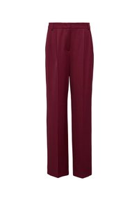 Bordowe spodnie o szerokich nogawkach, wykonane z gładkiego materiału, z wysokim stanem, fałdami z przodu i bocznymi kieszeniami dla lepszego dopasowania.