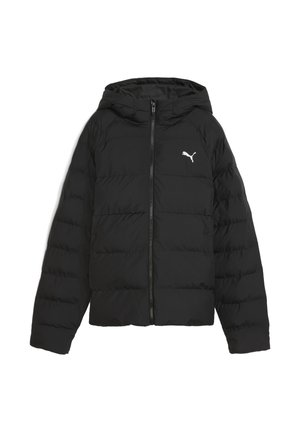 Doudoune noire avec fermeture éclair et capuche, dotée de panneaux matelassés horizontaux et d'un petit logo Puma blanc sur la poitrine gauche.