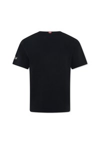Zwarte T-shirt met korte mouwen, ronde hals, van soepel katoen. Heeft een klein geruit logo bij de hals en een merkteken op de mouw.