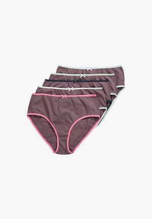 Pakke med fire højtaljede bomulds-trusser i brun med lyserøde, mintgrønne og marineblå detaljer. Hver har en lille sløjfe ved taljen.