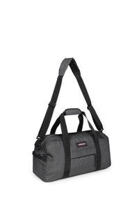 Borsa da viaggio grigia in tessuto con dettagli neri, dotata di scomparto principale con cerniera, manici superiori e tracolla regolabile.