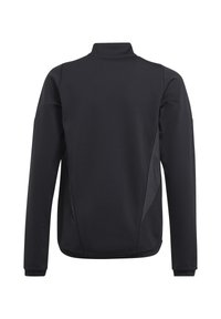 Zwarte sportjack met een hoge kraag, lange mouwen, gestructureerde zijpanelen en een slank figuur. Glad stoffen afwerking, minimalistisch ontwerp.