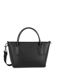 Borsa a tracolla nera in pelle con una finitura testurizzata, forma strutturata, doppi manici superiori e una tracolla regolabile. Presenta una chiusura con zip e dettagli decorativi.