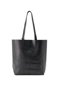 Sac fourre-tout en cuir noir avec deux poignées, forme rectangulaire, texture lisse et détails cousus sur les côtés. Pas de matériel visible.
