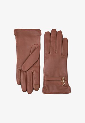 Brown leather gloves with a smooth texture. Features include three finger sections, a small accent strap with two gold rings at the wrist.
