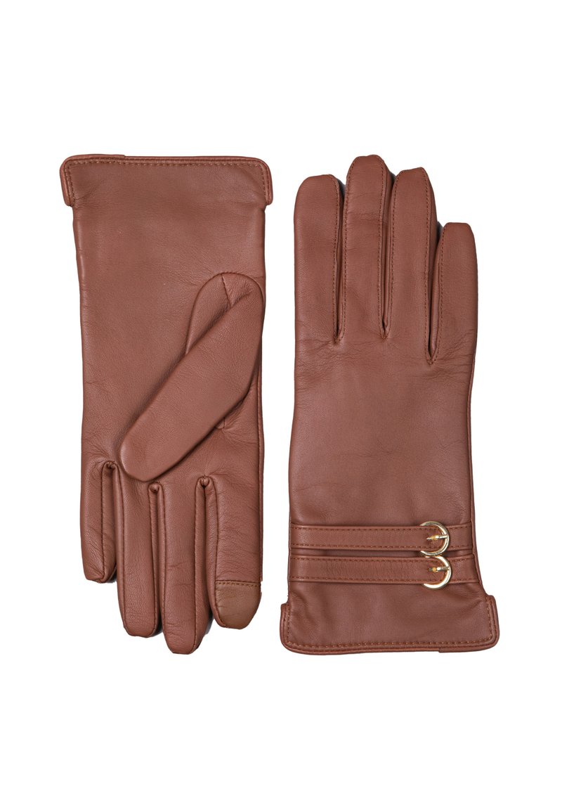 Brown leather gloves with a smooth texture. Features include three finger sections, a small accent strap with two gold rings at the wrist.