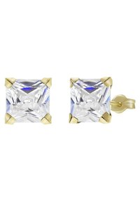 Quadratische Stud-Ohrringe mit klaren, facettierten Steinen, die mit goldfarbenen Krappen befestigt sind. Das Design ist minimalistisch mit einer polierten Oberfläche.