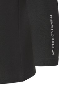 Black long-sleeve top made of smooth fabric. Features a fitted design with "FRENCH CONNECTION" printed in white on the left sleeve.