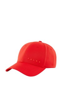 Casquette de baseball rouge en tissu lisse, avec une visière courbée, six panneaux, et le nom de la marque "FALKE" en or sur le devant.
