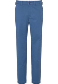 Modré bavlněné chinos s hladkou texturou, rovný střih nohavic, přední kapsy a zapínání na jeden knoflík.