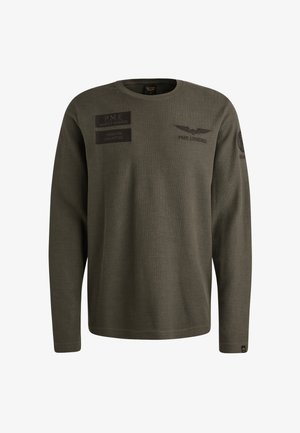 Světle olivová mikina s dlouhým rukávem a ribovanou texturou, zdobená černými nášivkami s textem a logem s křídly. Kulatý výstřih a rovný lem.