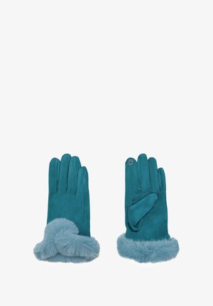 Guanti invernali color teal con polsini in morbida pelliccia, uno dei guanti presenta un piccolo ricamo floreale sull'indice.