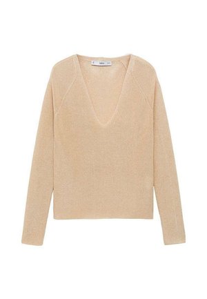 Light beige knit sweater with a V-neckline, long sleeves, and a relaxed fit. Textured fabric with subtle shimmer and raglan seams.
