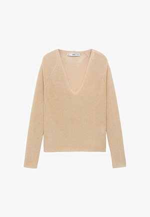 Svijetlosmeđi pleteni pulover s V-izrezom, dugim rukavima i opuštenim krojem. Teksturirana tkanina s suptilnim sjajem i raglan šavovima.
