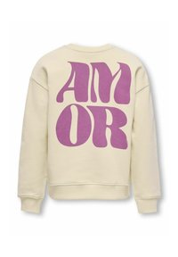 Felpa color crema con testo viola oversize che legge "AMOR" sul retro. Caratterizzata da un collo rotondo e polsini a coste per una vestibilità rilassata.