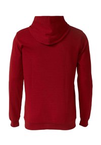 Effen dieprode hoodie van achteren gezien, met lange mouwen, geribbelde manchetten en een capuchon, op een witte achtergrond.