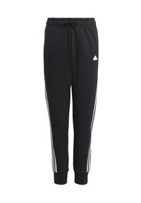Zwarte sweatpants van zachte stof, met een trekkoord in de taille, taps toelopende boorden en witte strepen langs de zijkanten. Klein logo op het bovenbeen.