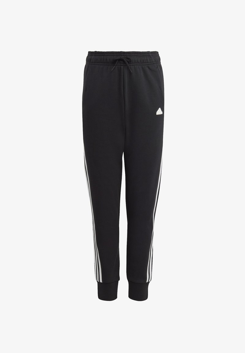 Black sweatpants made of soft fabric, featuring a drawstring waist, tapered cuffs, and white stripes along the sides. Small logo on the upper leg.