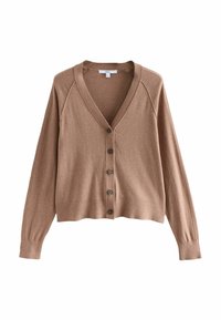 Cardigan léger marron avec un col en V, fermeture à boutons et poignets côtelés. Présente un ourlet légèrement court et une texture douce.