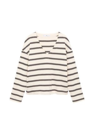 Długi rękaw kremowej koszuli w czarne poziome paski z dekoltem w kształcie litery V, wyeksponowane na białym tle.