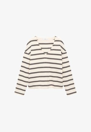 krémová košile s dlouhými rukávy, černými horizontálními pruhy a výstřihem do V, vystavená na bílém pozadí.