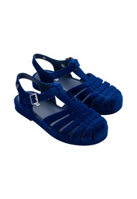 Niebieskie sandały z aksamitu z otwartym noskiem, z krzyżującymi się paskami i regulowanym zapięciem na kostce dla pewnego dopasowania.