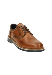 Chaussure habillée pour homme en cuir marron à lacets, semelle noire et finition beige, vue avant en angle sur fond blanc.