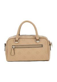 Borsa a tracolla beige realizzata in materiale testurizzato, con manici corti, chiusura con zip e una tasca esterna con zip arricchita da dettagli in metallo.