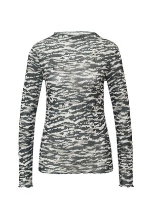 Langärmliges, leichtes Oberteil in Grau und Weiß, mit einem strukturierten Wellenmuster und einem runden Ausschnitt mit gewellten Kanten.
